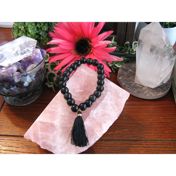 New Natural Black Obsidian Beaded Cuff Bracelet w/ Tassel - Picture 6 of 8